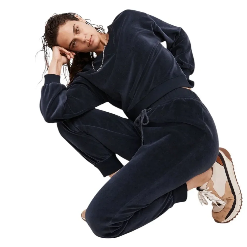 Madewell MWL Velour Crewneck Sweatshirt And Slim Joggers Set Womens XS Navy Blue